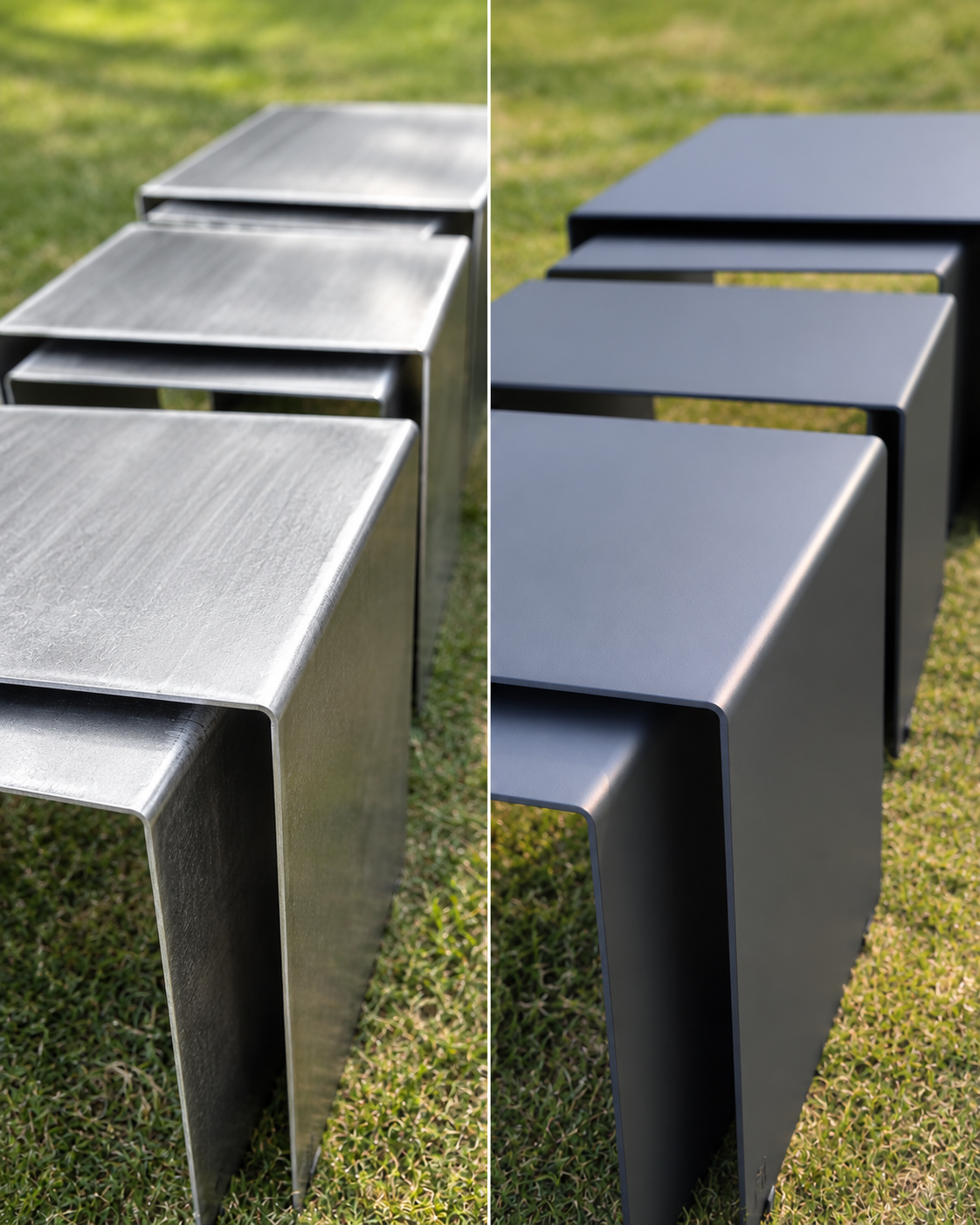 Stoliki aluminiowe CUBO przed i po malowaniu proszkowym