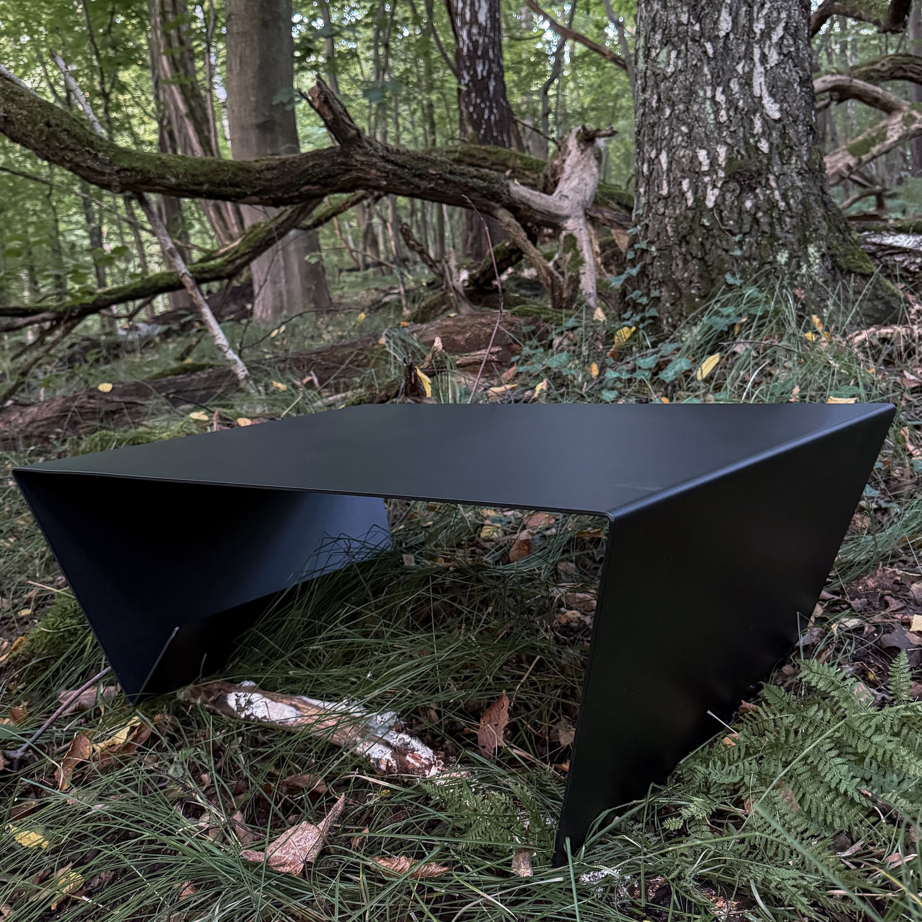 FOLD LOW - stalowy stolik kawowy z kolekcji FOLD METAL-MAT STUDIO w leśnej scenerii